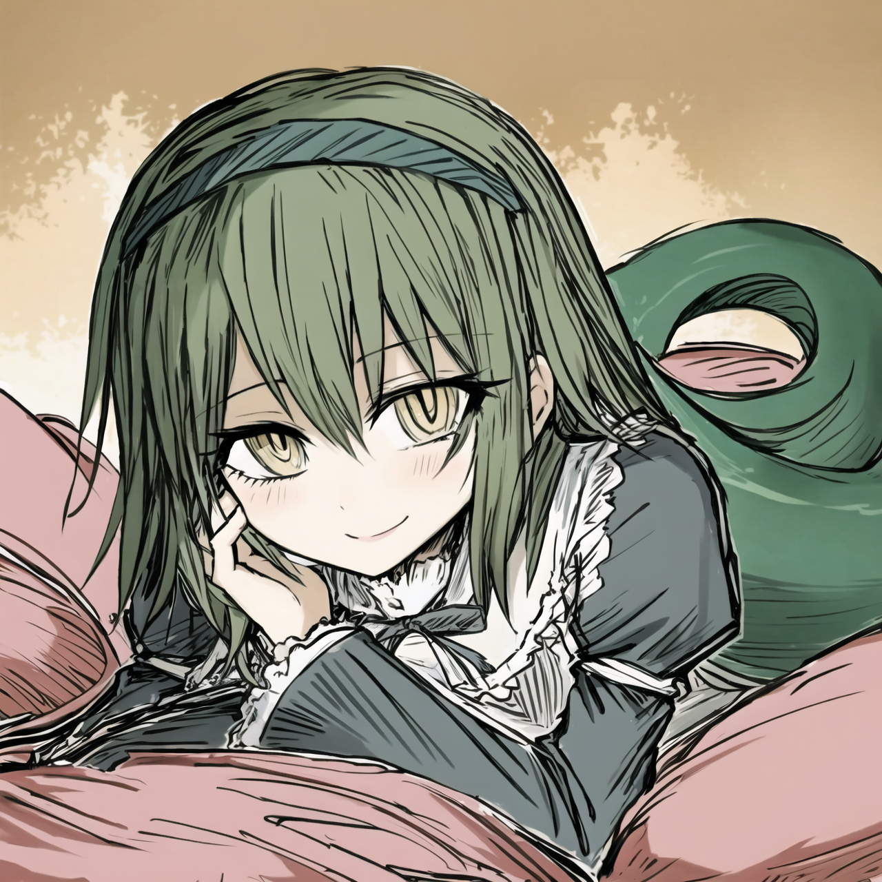 04082-2106525487-official art, official artstyle, game cg, bille, 1girl, solo, laying on bed, smile, green hair, ringed eyes, yellow eyes, snake.png